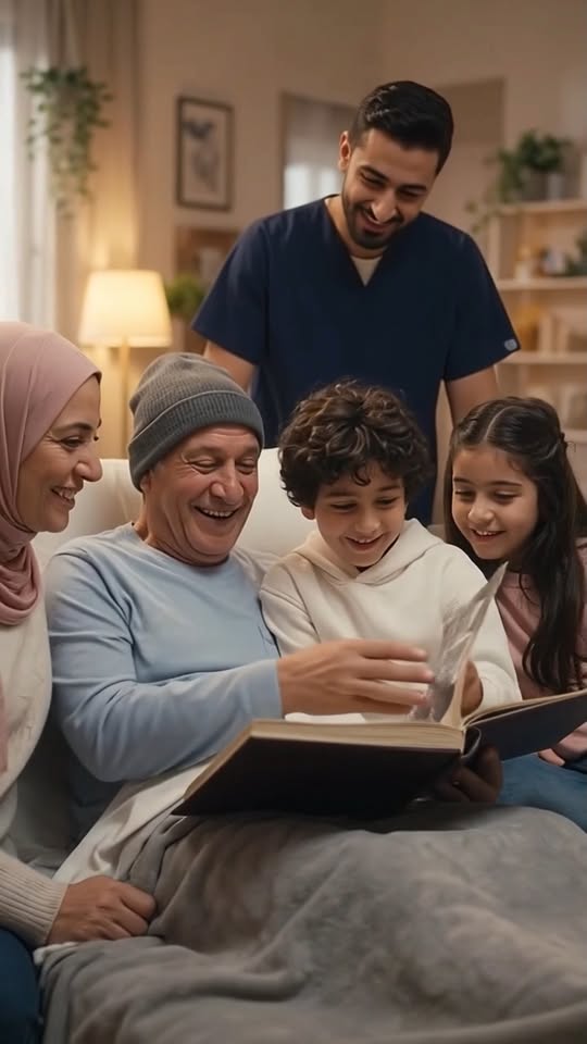 A Scrub Men nurse in uniform with an elderly patient and his family at home