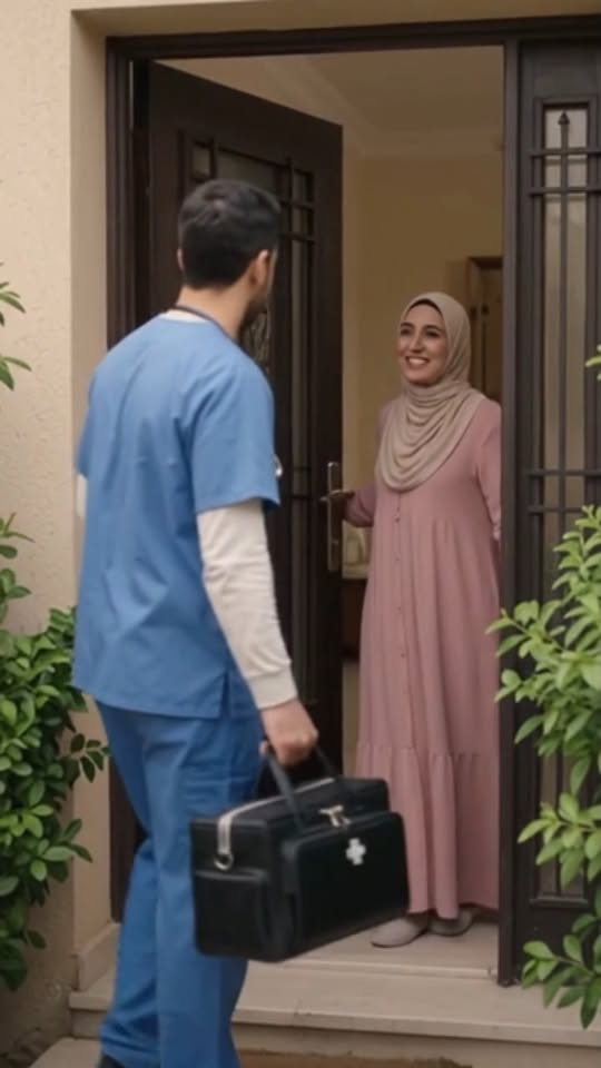 A nurse in uniform with a medical bag arriving at a patient's front door