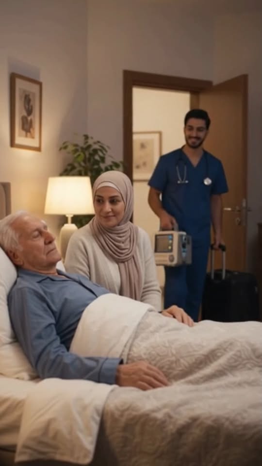 ممرض بجوار مريض مسن في سريره بالمنزل مع جهاز مونيتور